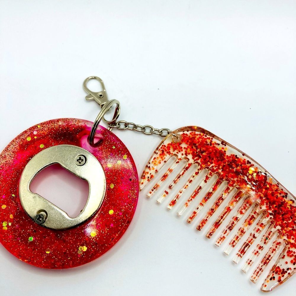 Red glitter comb/ bottle opener keychain